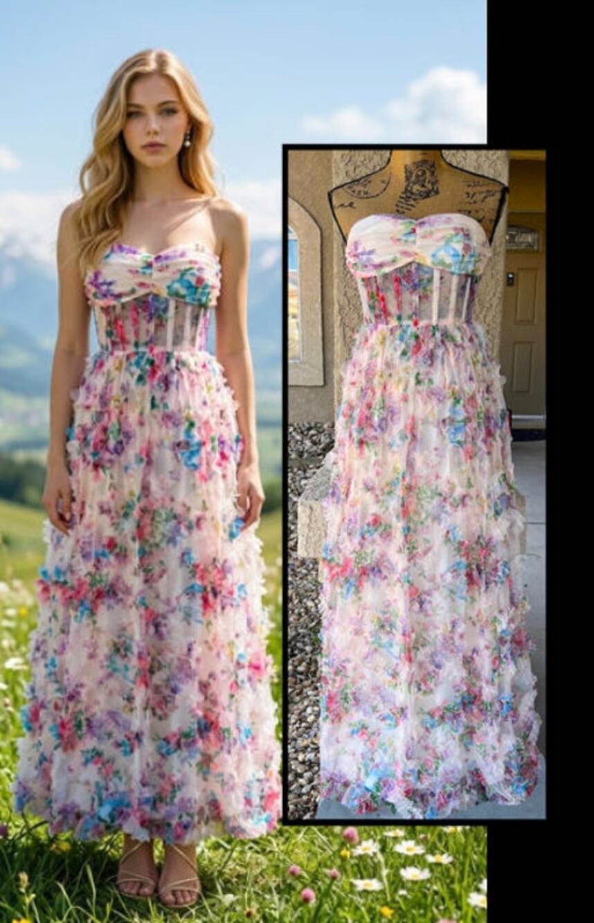 Lulus Cream Floral Mesh Ruffled Strapless Stunning Element Maxi Dress Size S